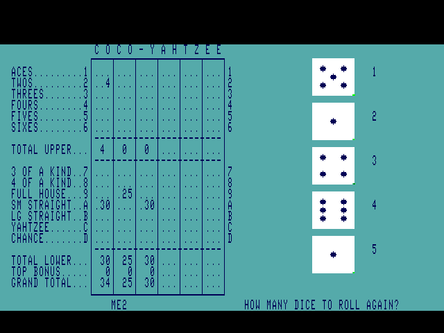 Yahtzee (80 column) game screen